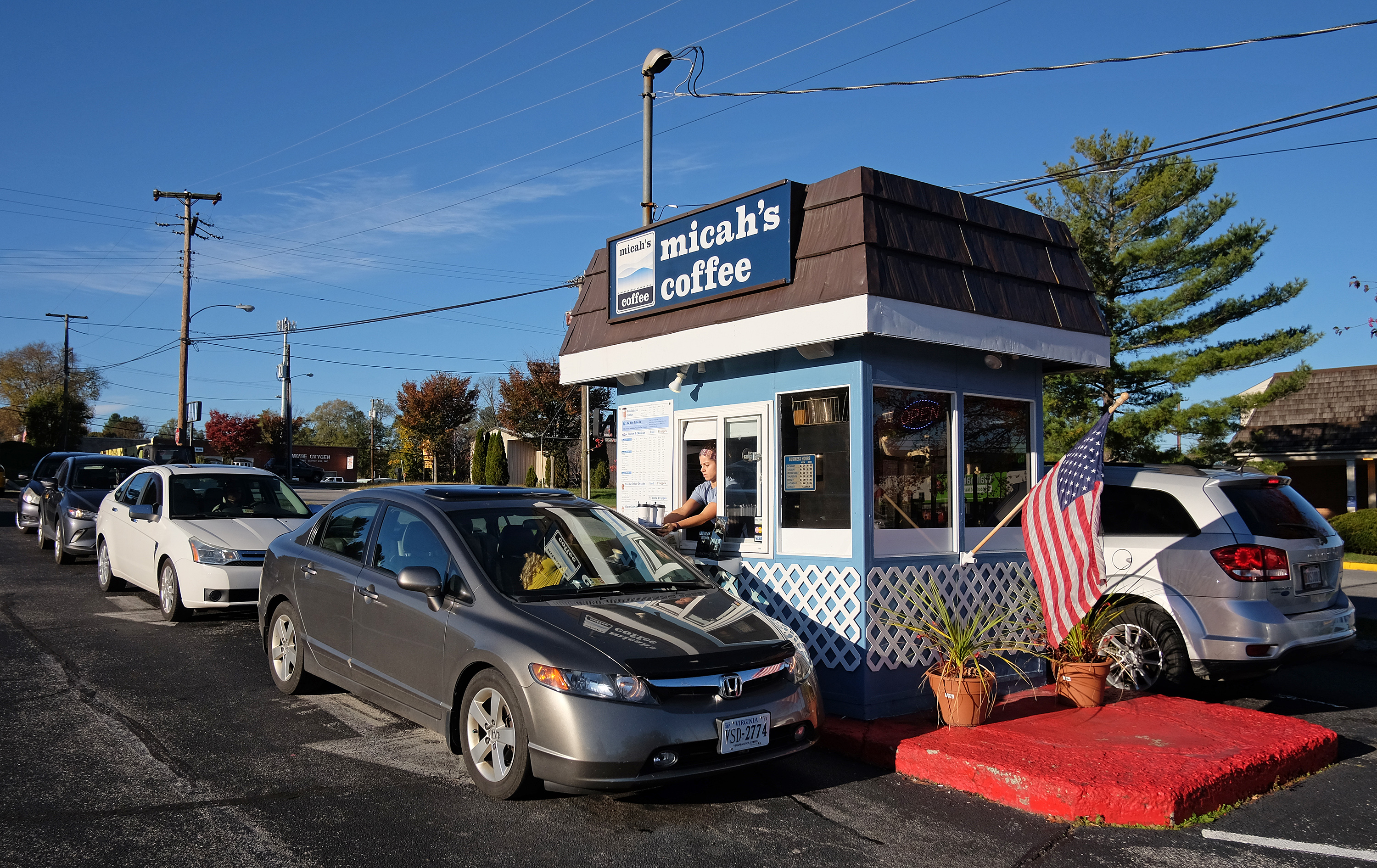 Cars line up at Micah's Coffee in Waynesboro, Va. Thursday Nov. 10, 2016. (Photo by Norm Shafer).